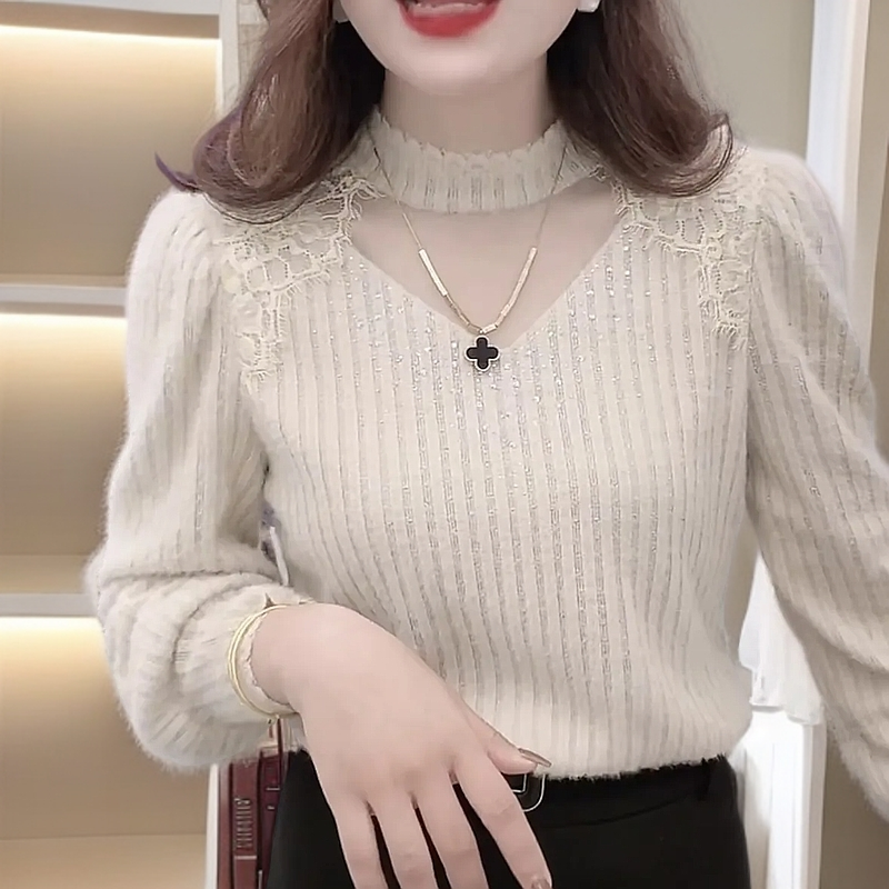 2025秋冬加绒保暖打底衫蕾丝修身型长袖时尚修身洋气百搭显瘦上衣