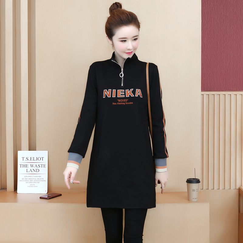 刺绣中长款卫衣女秋冬季2025年新款大码宽松胖MM休闲立领洋气外套