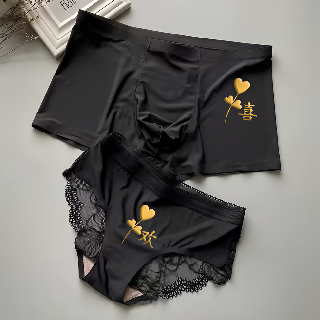 情侣内裤纯欲裸感超薄性感蕾丝套装无痕男女同款短裤加大可爱印花