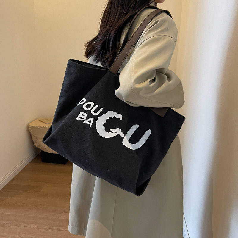 单肩手提大容量帆布包女2023新款潮小众复古时尚百搭ins托特包袋