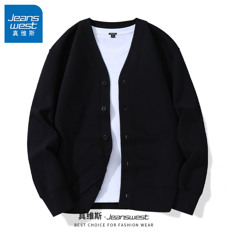 真维斯黑色休闲外套男春秋季重磅宽松男士上衣纯色高级感潮流夹克