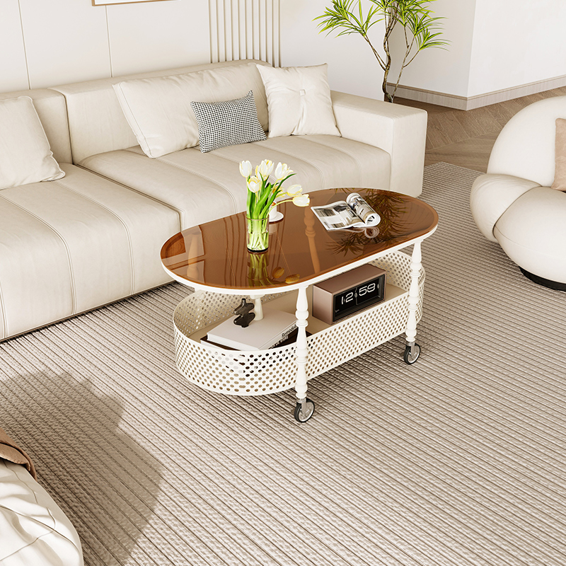 移动茶几客厅家用高级感小户型铁艺创意简约现代高级钢化玻璃茶桌