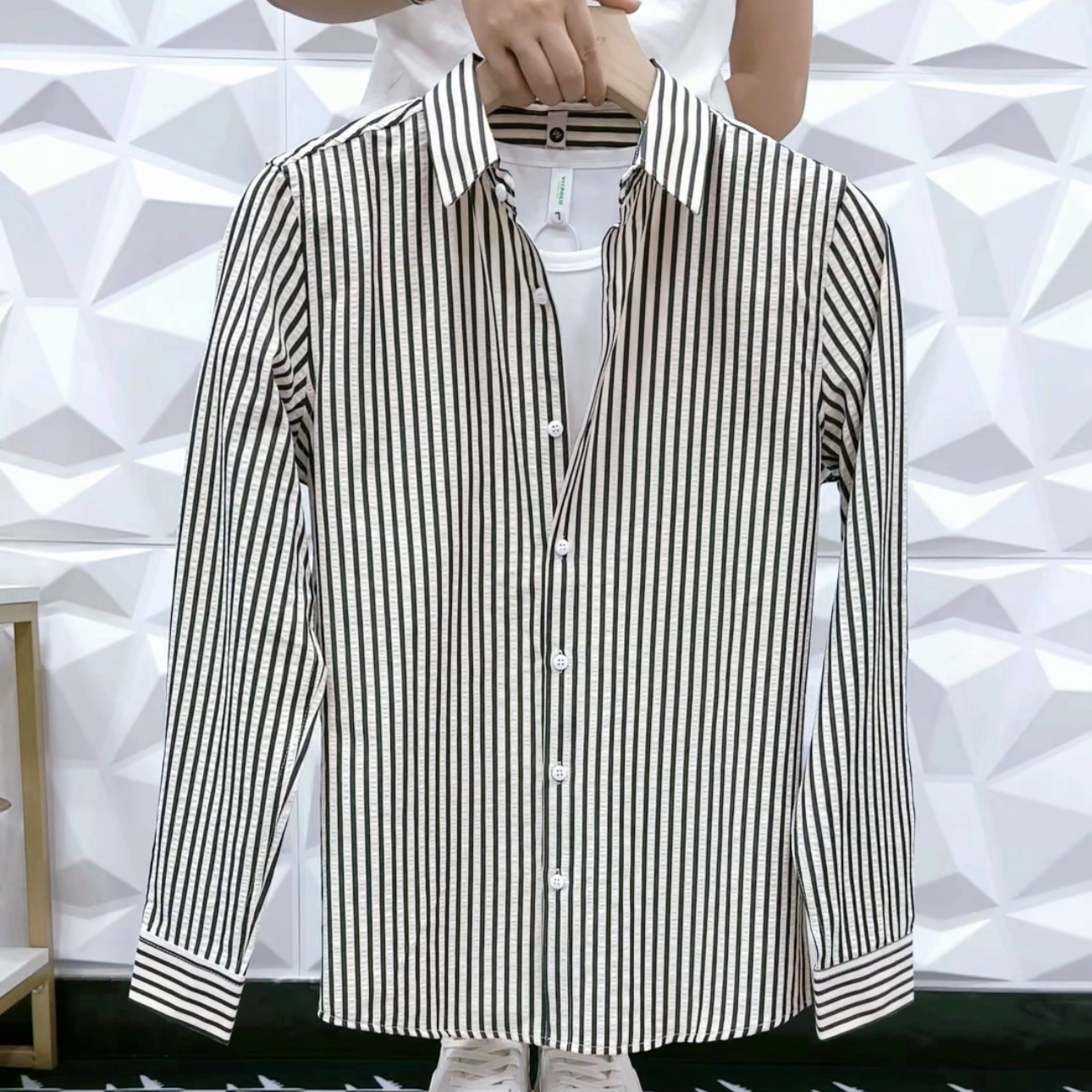 潮流时尚男士修身款长袖衬衣条纹衬衫帅气百搭衬衫衬衫男