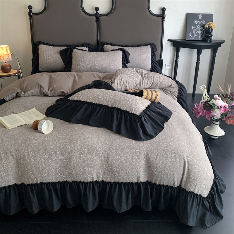 满版立体提花双层纱四件套四季款公主风花边被罩四件套床单床笠款