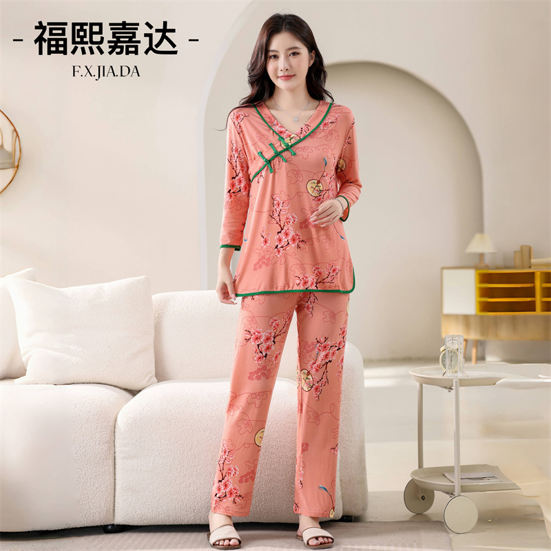 2025秋季新款中式睡衣中国风盘扣复古七分袖慵懒风休闲大码家居服