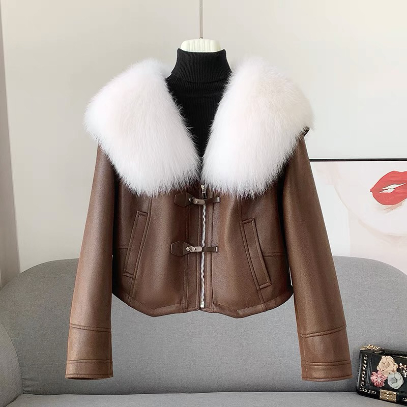 精选034款全真狐狸毛领短款加绒皮衣冬季保暖女士时尚厚外套