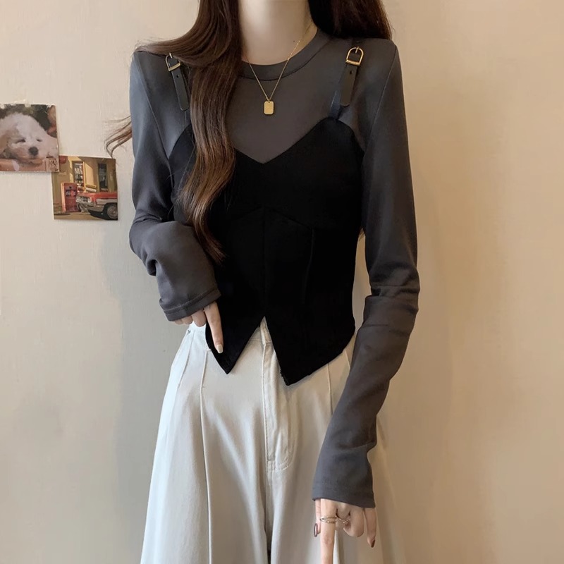 大码女装遮肚假两件拼色长袖T恤女秋冬胖妹妹设计感显瘦短款上衣