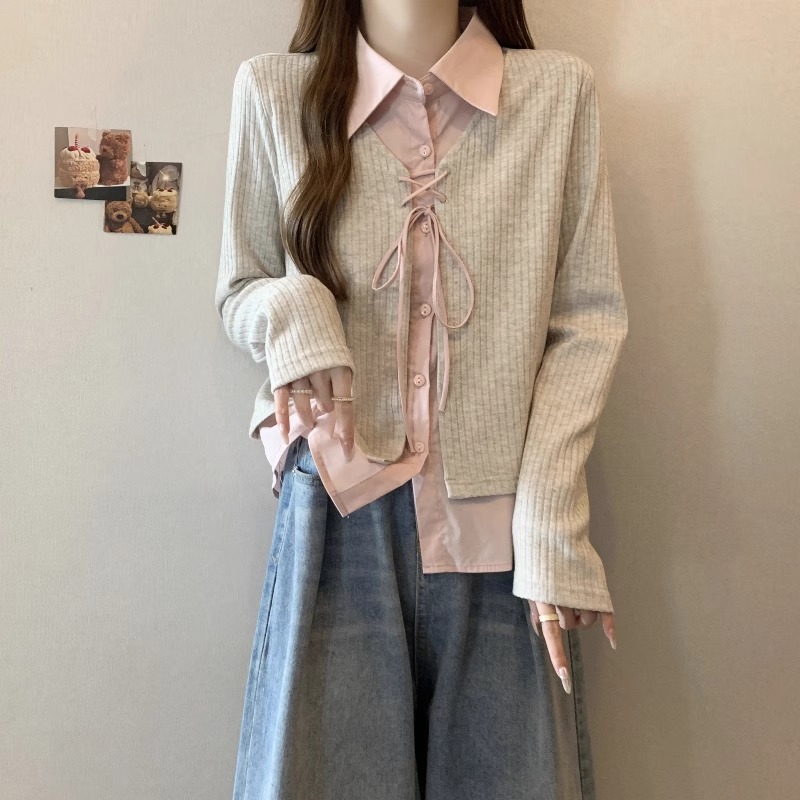 设计感系带polo领上衣女春秋款大码胖mm显瘦假两件衬衫拼接针织衫