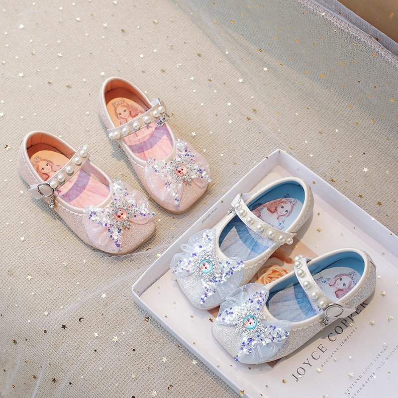 女童公主鞋艾莎鞋子新款儿童小皮鞋童鞋女宝银色水晶单鞋软底春秋