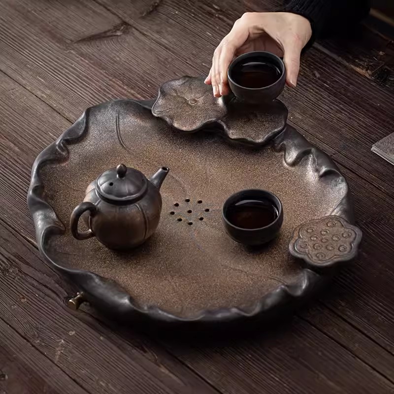匠赋鎏金莲花茶盘茶具排水托盘创意储水茶台陶瓷简约台圆形沥水盘