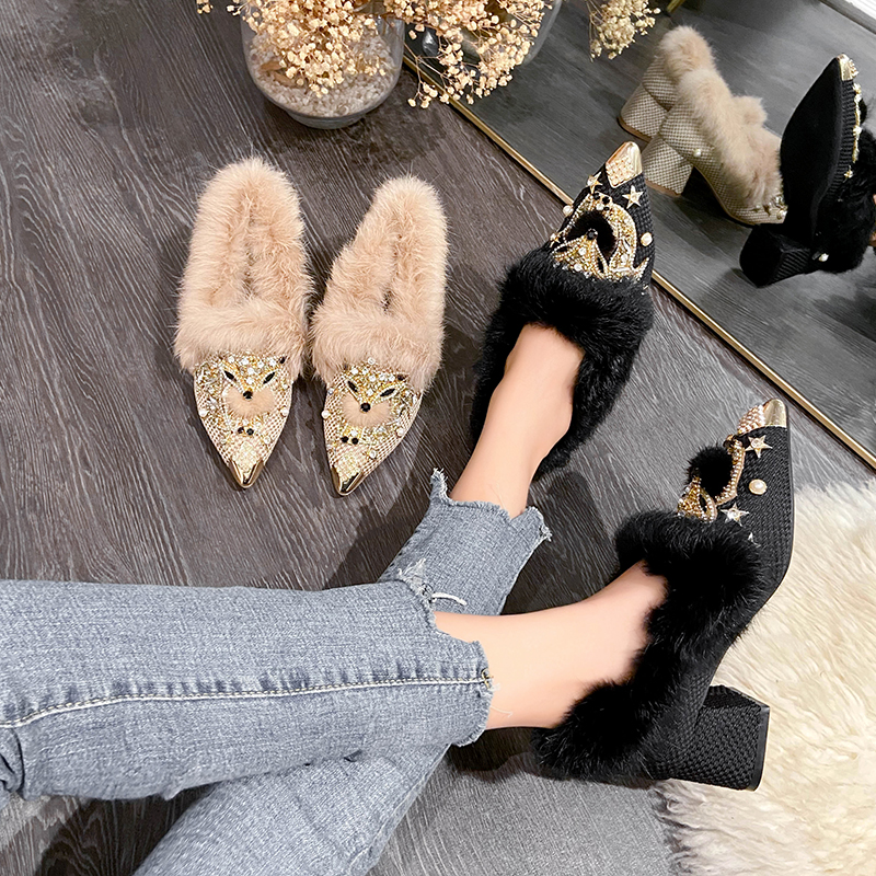 新款秋冬尖头加绒大码网红气质狐狸粗跟水钻2026毛毛高跟鞋女百搭