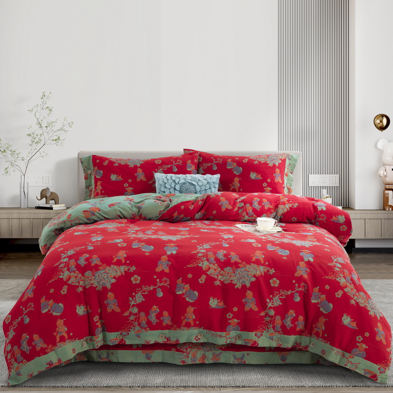 【百子迎福--正红】国风全棉四件套原创加厚色织双层纱亲肤婚庆陪嫁