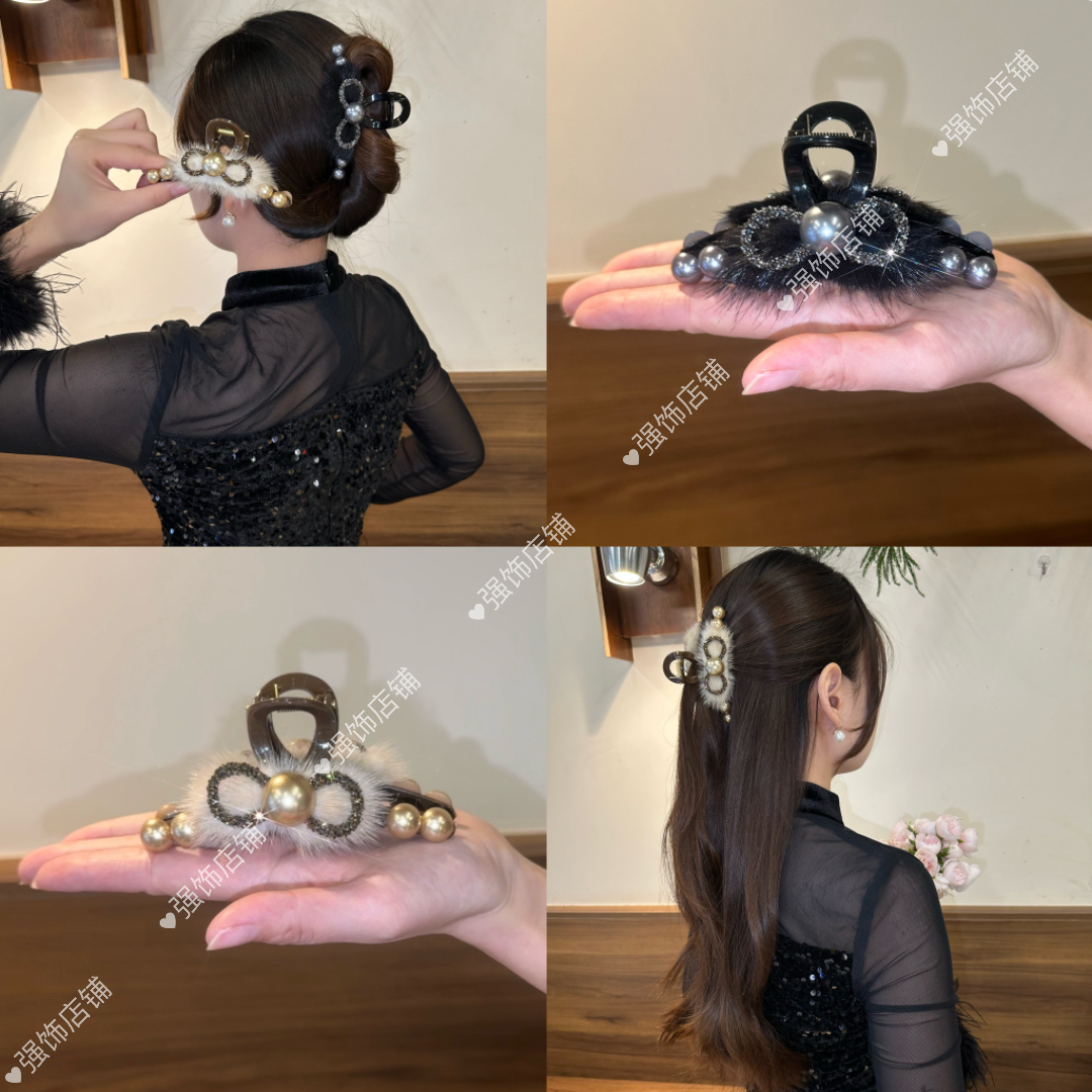 鲨鱼夹冬季款毛绒抓夹高级感气质发夹超仙头饰后脑勺毛毛发抓