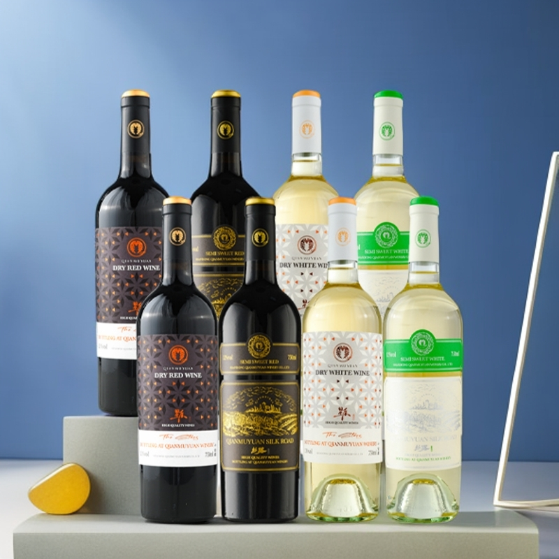 千亩园8瓶装品牌酒庄干红干白半甜红半甜白（各两瓶）红酒送海马刀