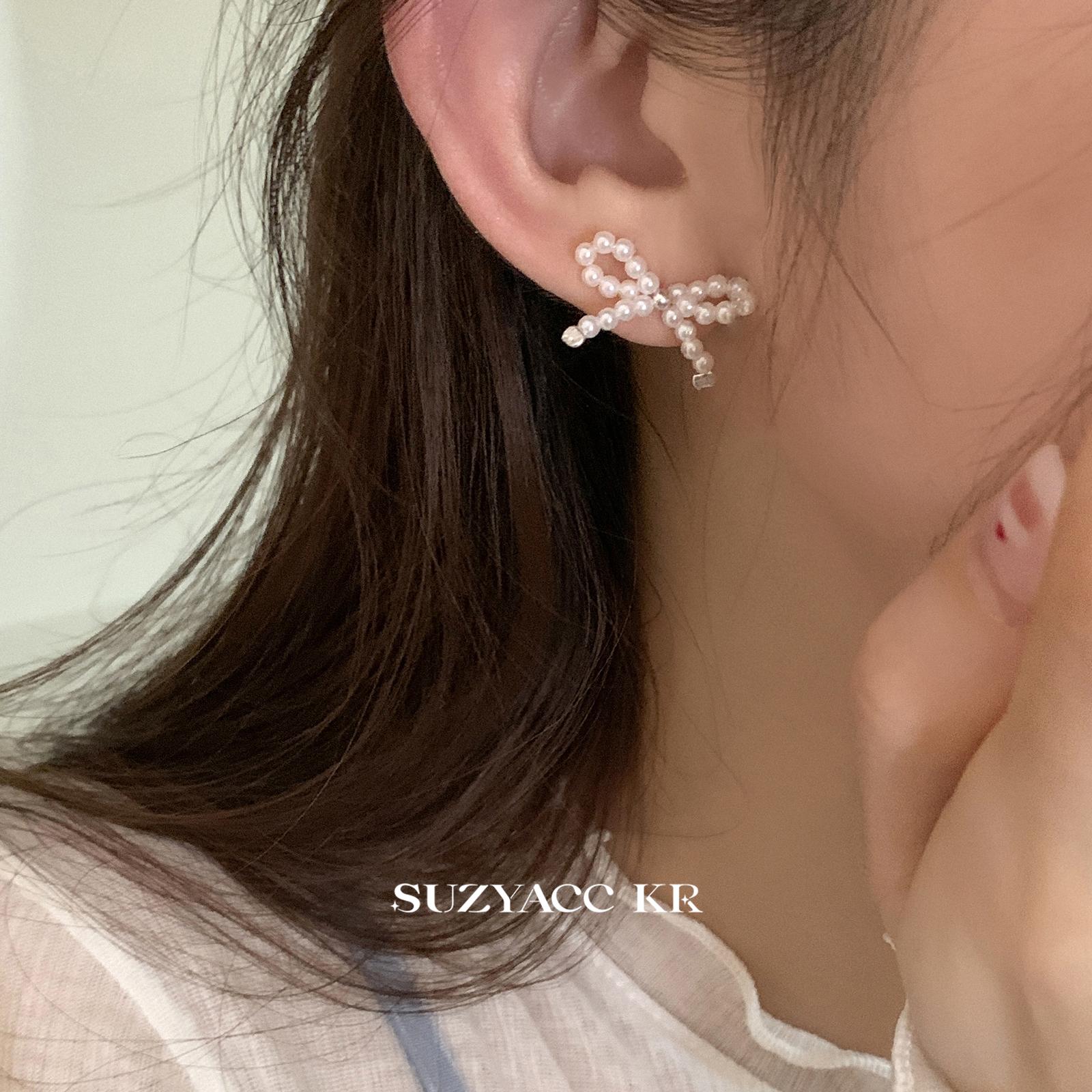 Suzyacc Kr 925银耳饰 超美蝴蝶结珠珠耳环春日美好饰品DE0049