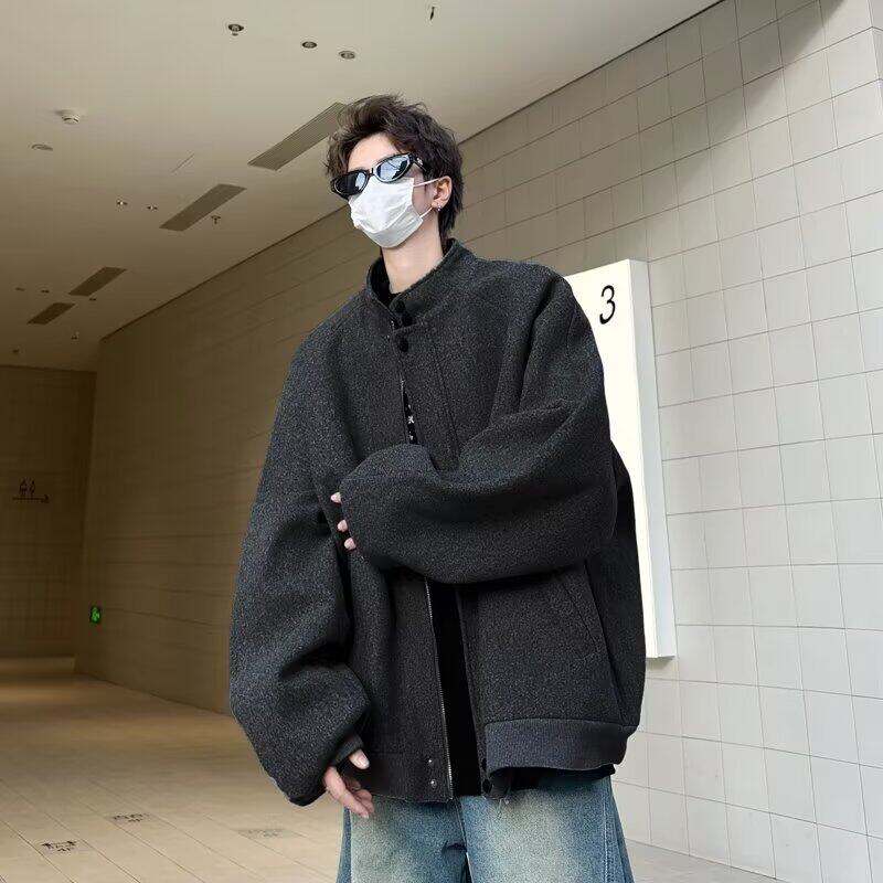 高级感立领毛呢外套男秋冬重磅加厚cleanfit潮男痞帅休闲夹克潮牌