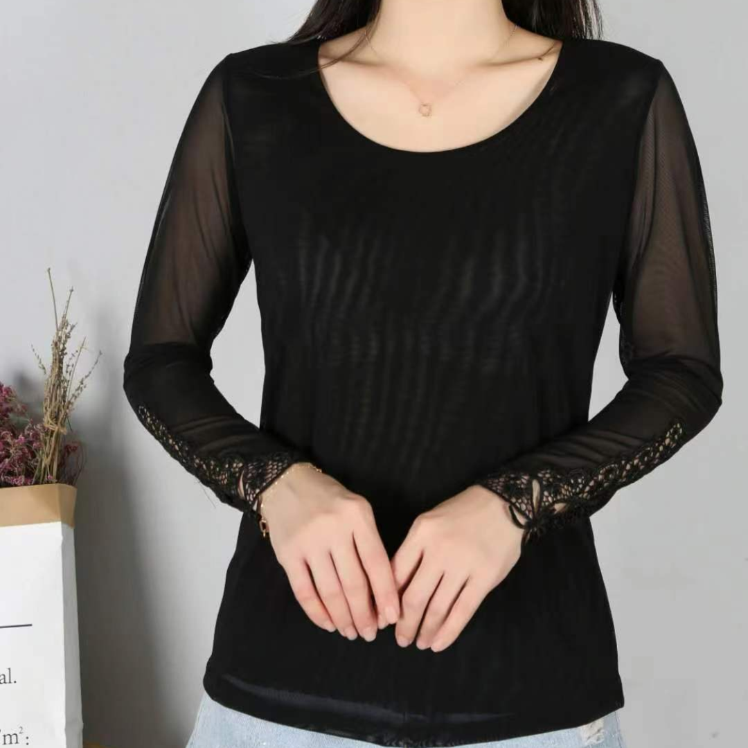 【红熹潮】8646春季服饰黑色百搭显瘦圆领蕾丝女士打底衫