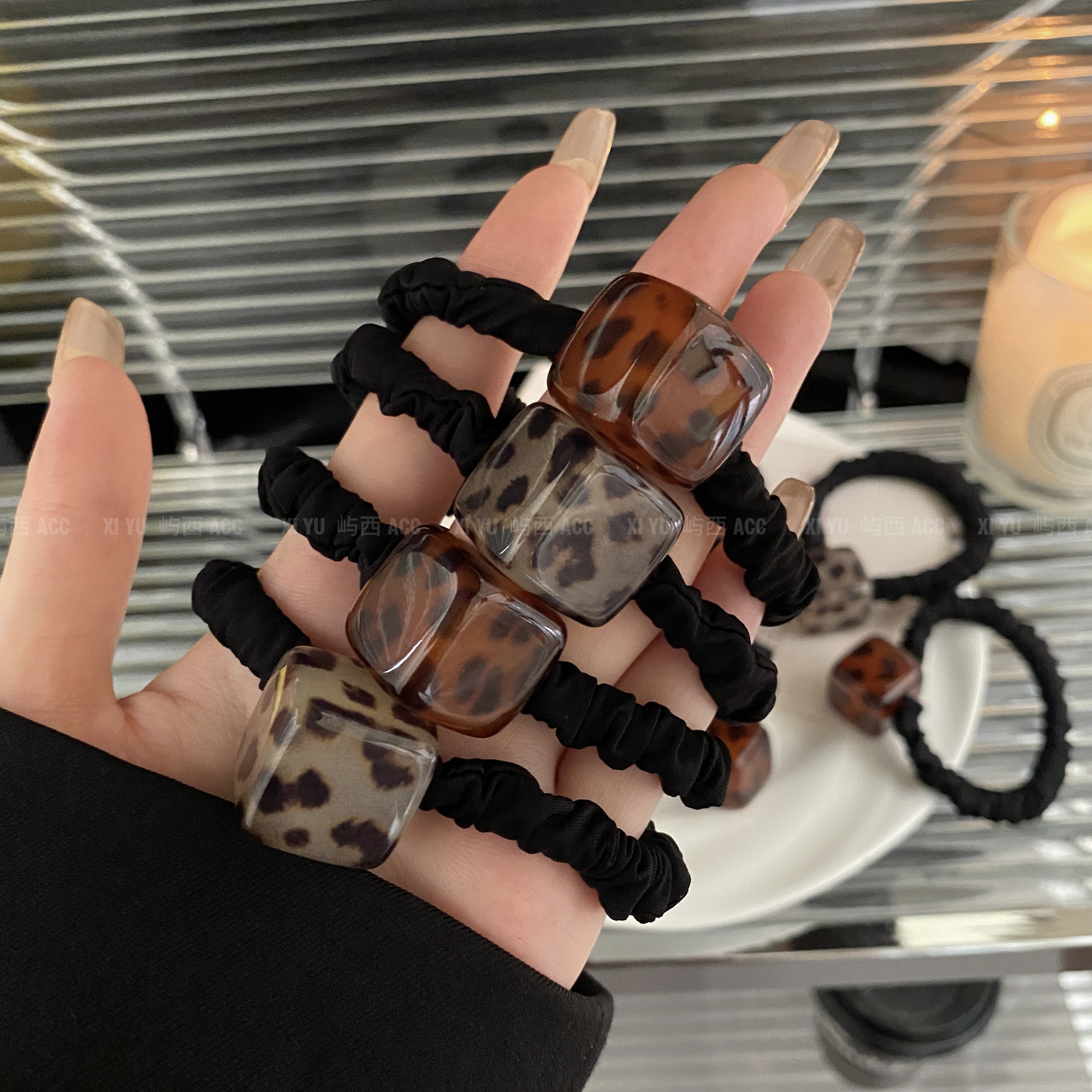 韩国冰透方糖亚克力豹纹复古发绳气质简约高弹力面膜发圈马尾发饰