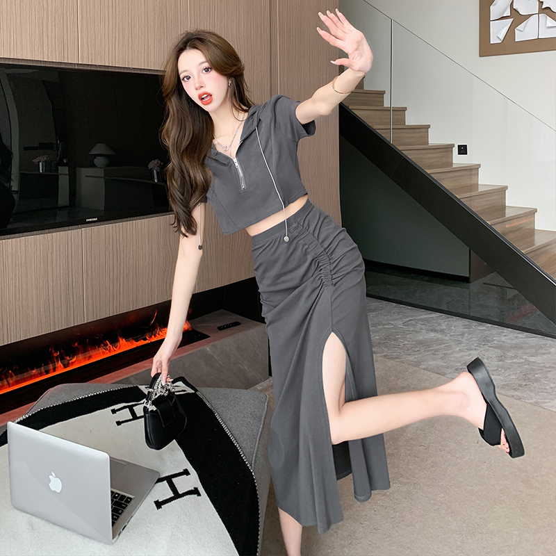 新款甜辣妹连帽短袖上衣女+开叉半身裙夏季休闲时尚两件套裙子潮