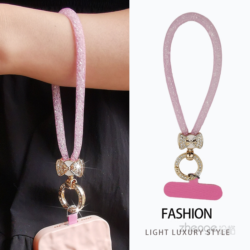 手腕款蝴蝶结网包钻手机挂绳时尚小香风手提挂饰挂链女款夹片式