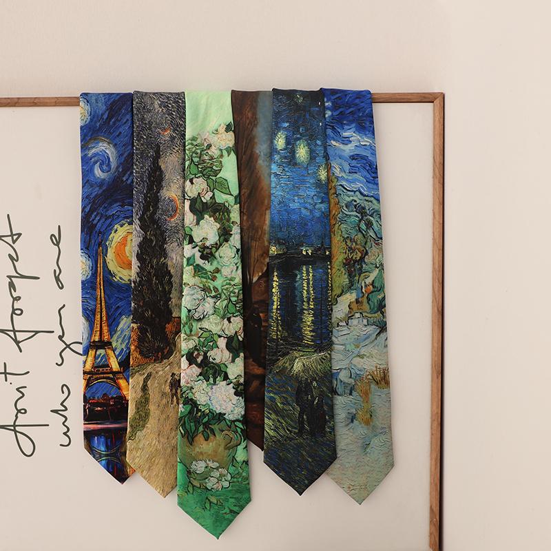 礼盒装 梵高油画系列白玫瑰麦田8CM休闲港风复古印花仿丝领带街头
