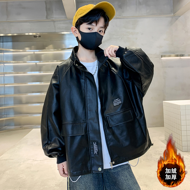 男童加绒外套2025冬季中大童男孩儿童潮酷贴标痞帅机车皮衣夹克