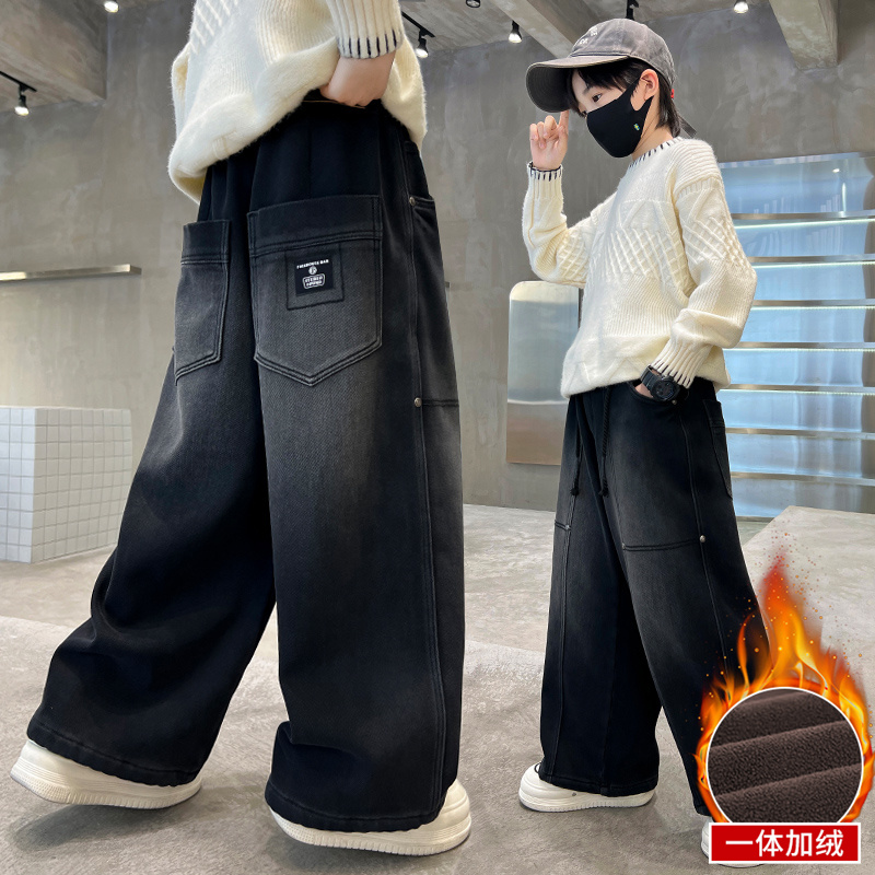 童装男童加绒牛仔裤2025冬季中大童拼接直筒加绒裤子休闲裤百搭
