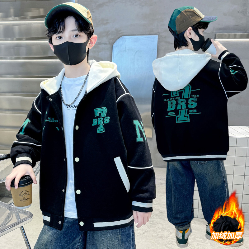 男童加绒棒球服2025中大童冬季男孩加厚棒球服时尚夹克洋气