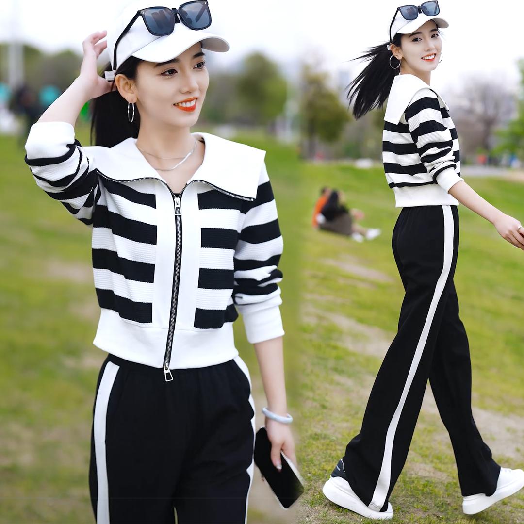 2025年春秋新款休闲运动服套装女时尚条纹收腰显瘦短款外套两件套
