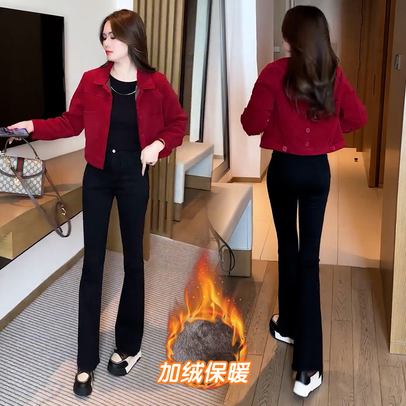 加绒加厚短款休闲夹克外套女2025年秋冬季装新款大码宽松减龄上衣