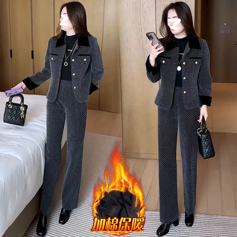 加棉加厚时尚套装女2025年冬季新款洋气显瘦休闲外套阔腿裤两件套