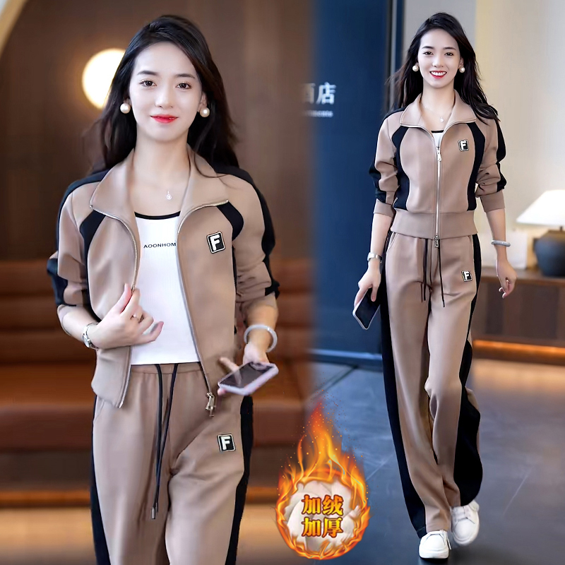 高含棉2025年冬季时尚运动服套装新款加绒加厚短外套直筒裤两件套