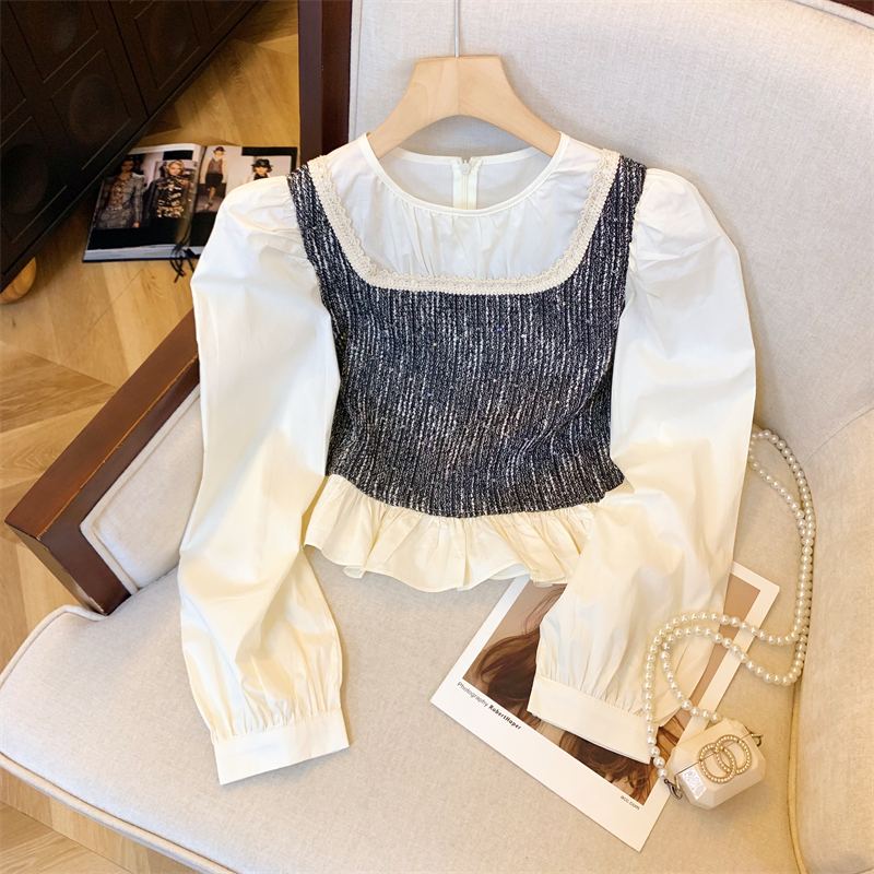 法式复古假两件撞色亮片背心衬衫女设计感小众别致万能百搭打底衫