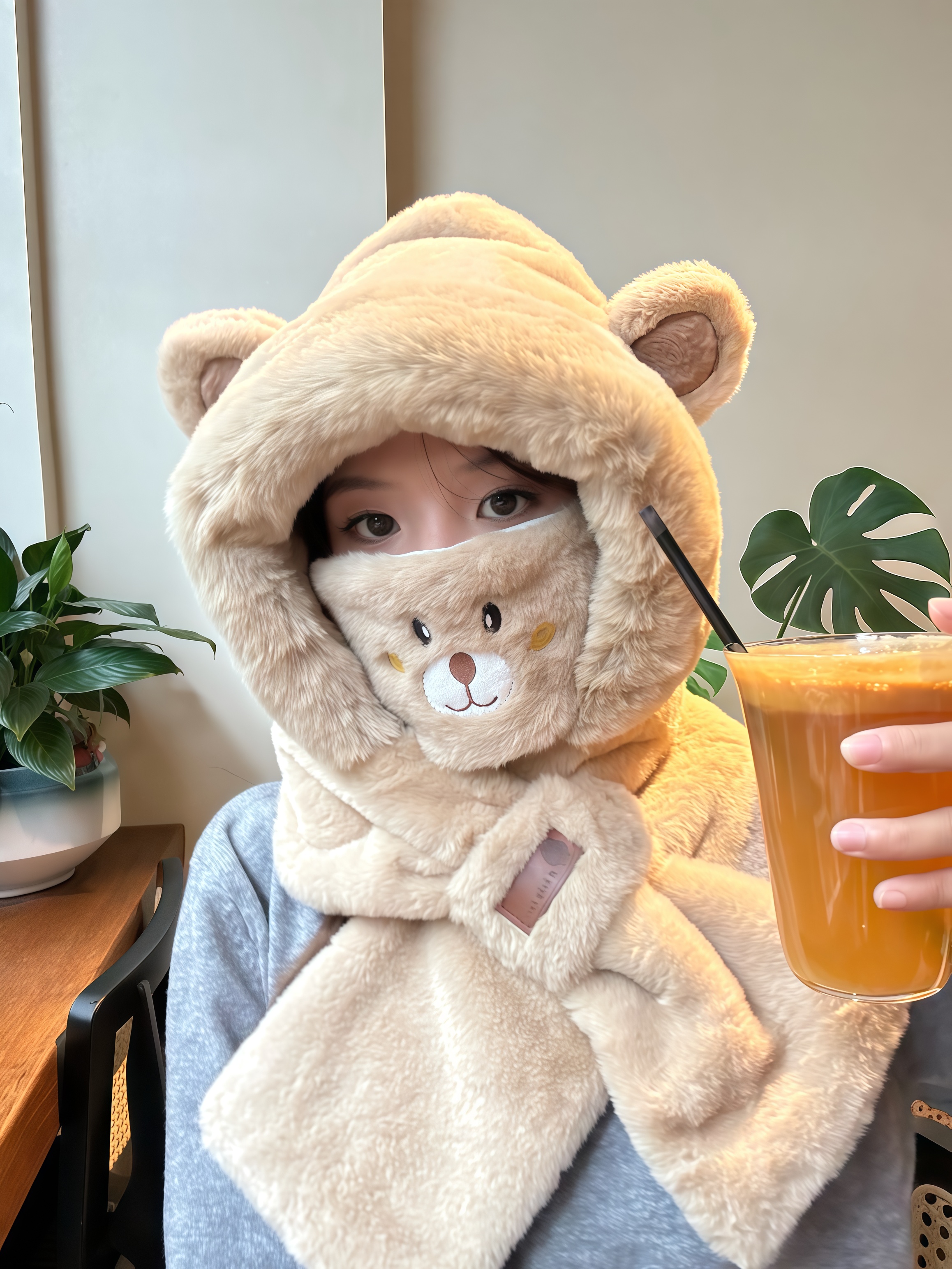 毛绒小熊帽子围巾一体女款2024新款秋冬季手套连帽围脖骑行两件套