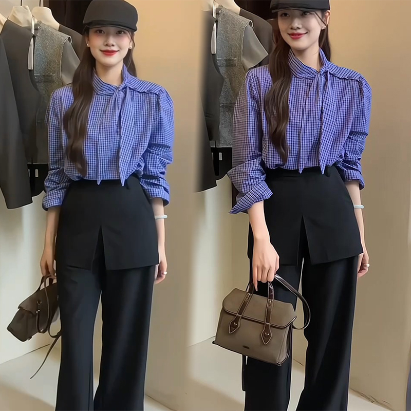 2026早春新款中式设计系带深蓝衬衫西裤民国风日常休闲文艺