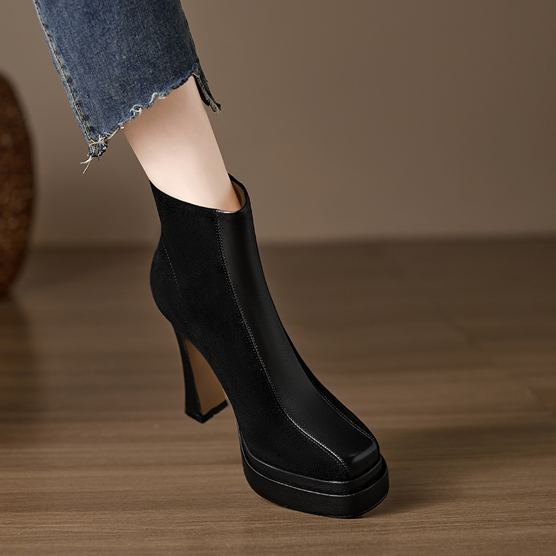 小个子手工女鞋11.6cm~超高跟气质百搭瘦瘦靴方头粗跟防水台短靴