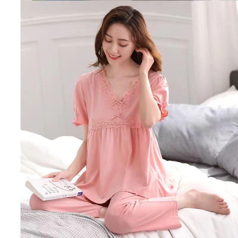 睡衣女2024年新款夏季短袖长裤薄款莫代尔夏天短袖妈妈家居服套装
