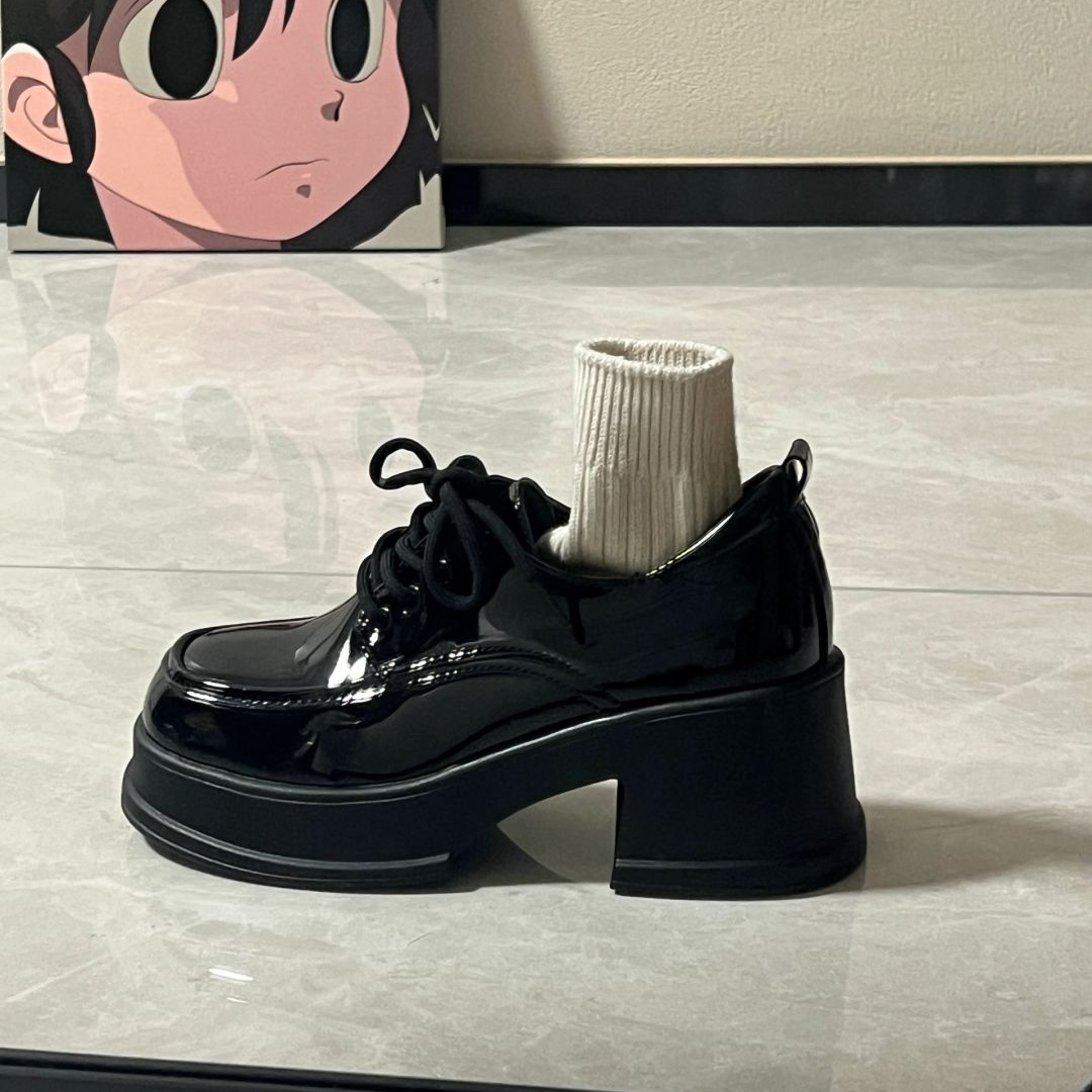 黑色厚底小皮鞋百搭粗跟2025春秋新款英伦风高跟增高乐福鞋女圆头