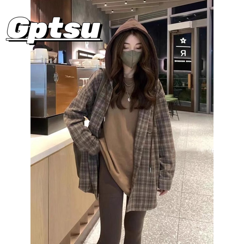 GPTSu连帽格子衬衫外套女春秋新款2025年设计感小众别致宽松上衣