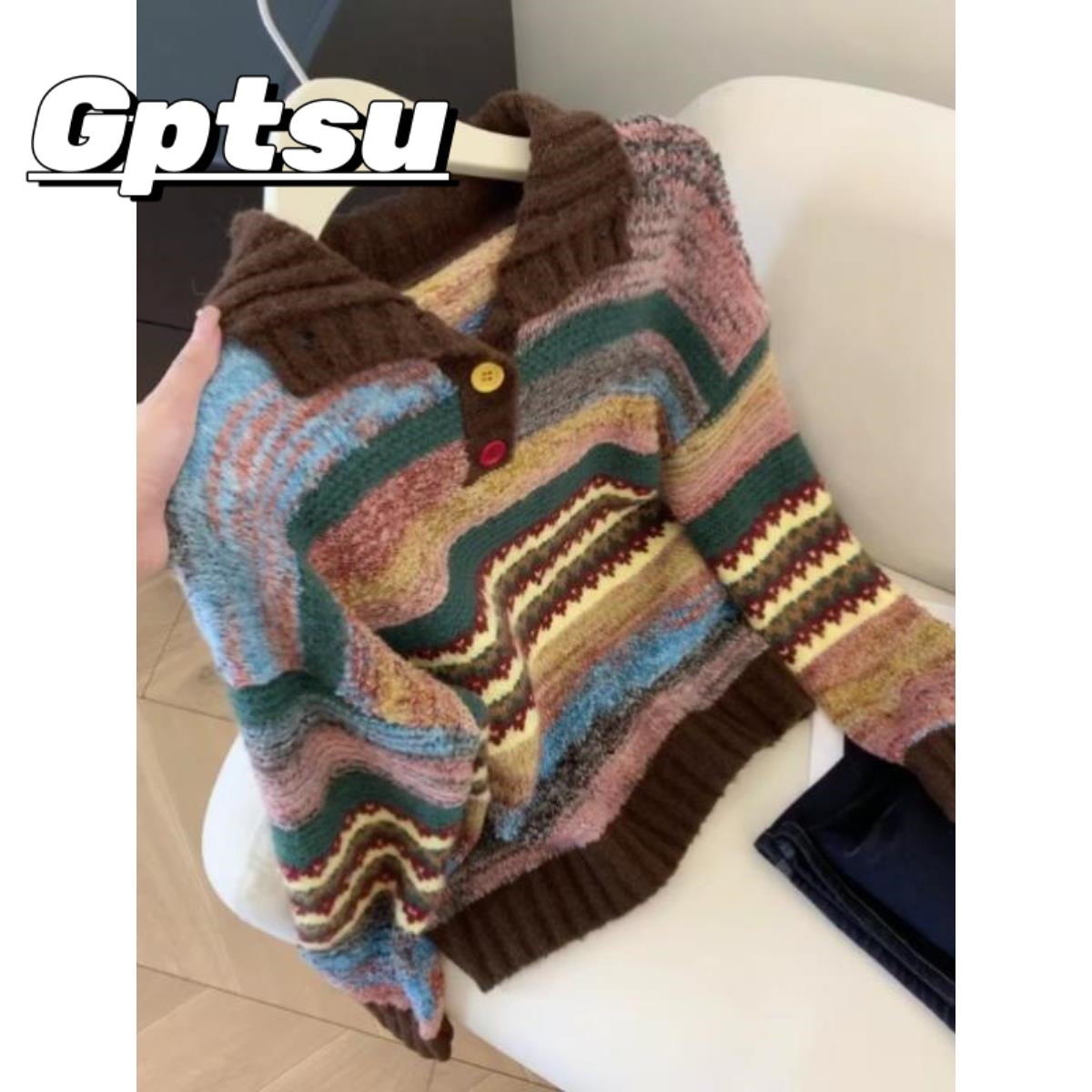 GPTSu提花慵懒复古毛衣女秋冬加厚翻领彩色条纹撞色针织上衣百搭