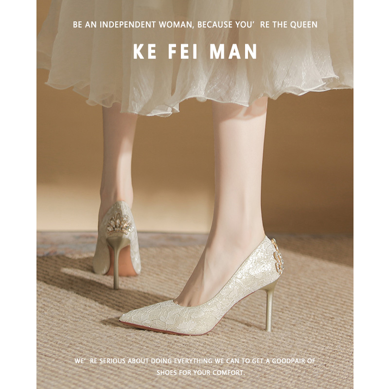 伴娘婚鞋新娘鞋女细跟2024新款金色细跟高跟鞋主婚纱婚鞋不累脚
