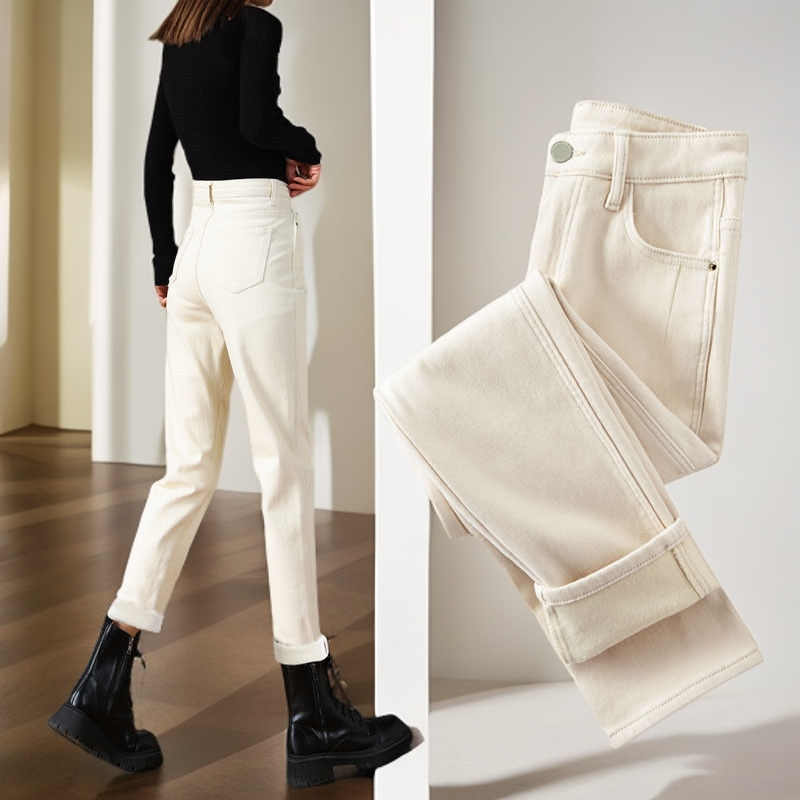 烟管裤秋冬加绒加厚白色牛仔裤女今年女装高腰显瘦窄版烟管直筒裤