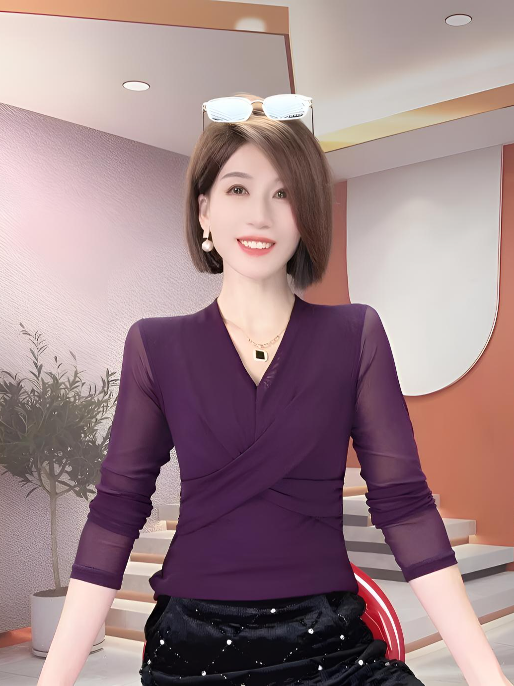 2025早春网纱大码遮肚显瘦长袖V领T恤女纯色显瘦打底衫上衣大码潮