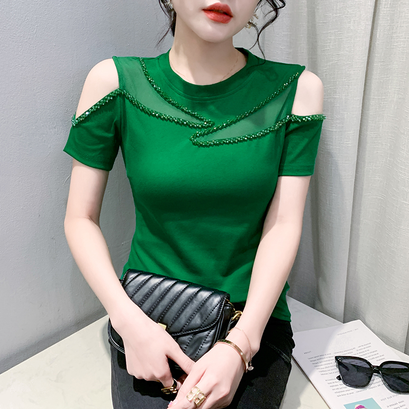 夏季修身露肩短袖女2025年新款高级质感t恤欧货洋气别致钉珠上衣