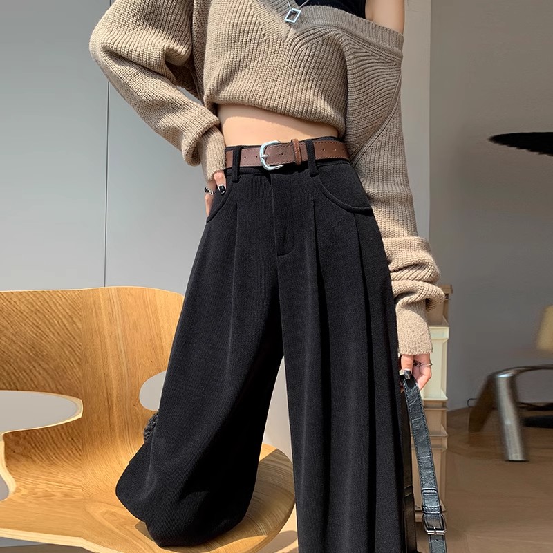 2024新款复古黑色欧棉绒高腰垂感直筒裤女秋冬保暖长裤