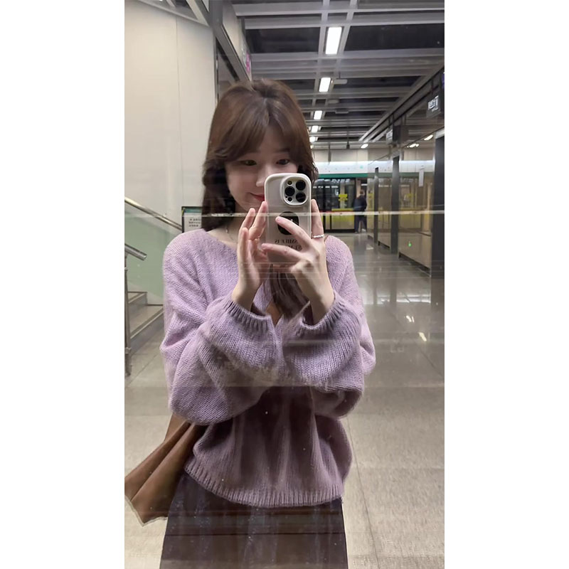 紫色喇叭袖宽松毛衣碎花半身裙套装女秋冬冬季小个子温柔风一整套