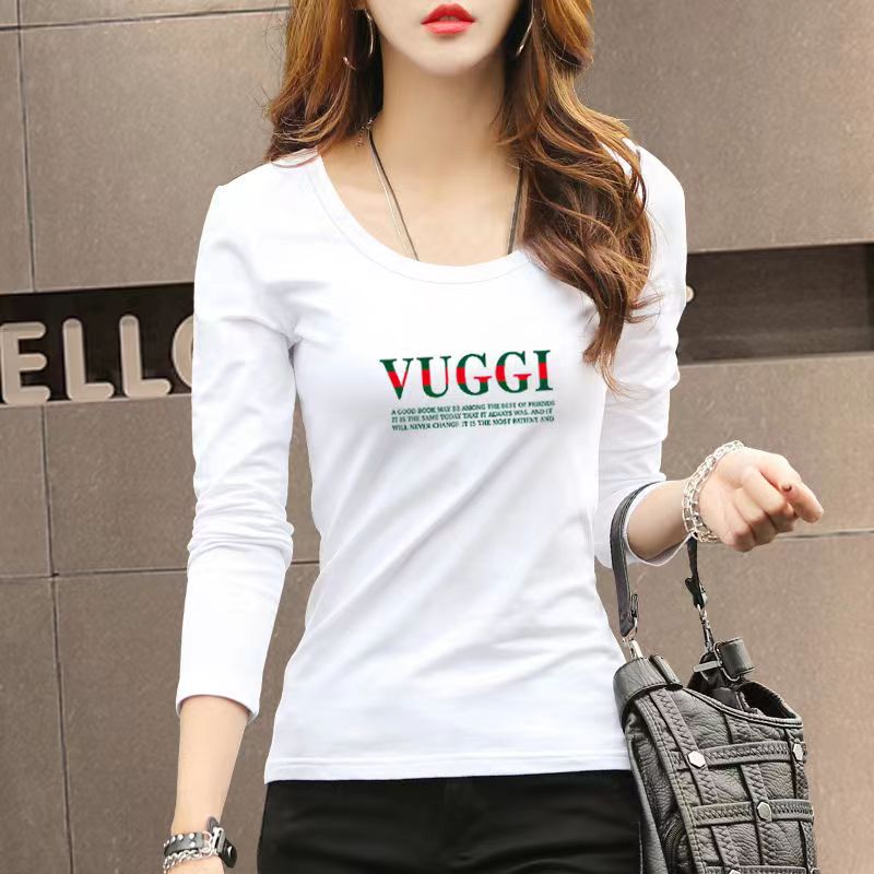 白色棉T恤女长袖修身打底衫春秋新款圆领印花简约百搭外穿秋衣女