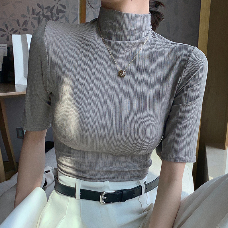 薄款五分袖螺纹打底衫女半高领中袖t恤春夏季短袖显瘦白色上衣342