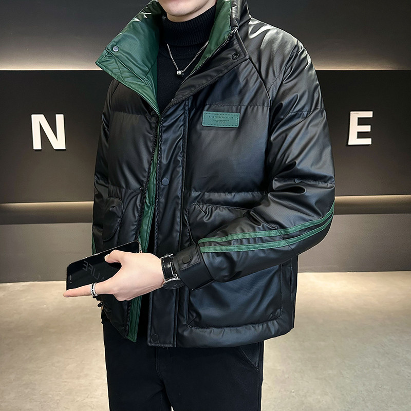 皮羽绒服男冬季2025新款立领潮牌修身条纹织带拼接鸭绒外套男