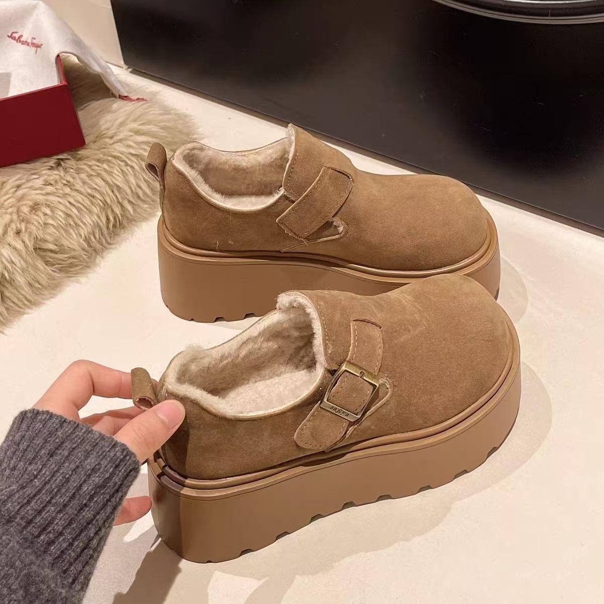 厚底勃肯鞋女2026冬季新款加绒舒适保暖棉鞋小个子增高圆头雪地鞋